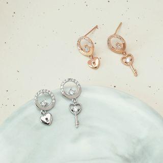 Non-matching Rhinestone Heart & Key Dangle Earring