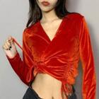 Long-sleeve Drawcord Velvet Crop Top