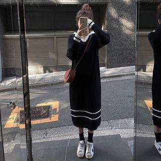 Contrast Long-sleeve Midi Knit Dress Black - One Size
