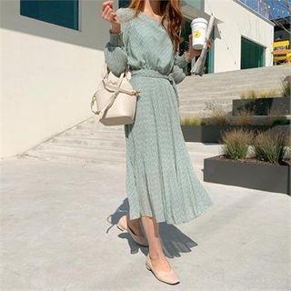 Floral Print Pleated-hem Dress With Sash Mint Green - One Size