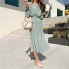 Floral Print Pleated-hem Dress With Sash Mint Green - One Size