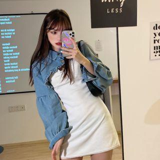 Lantern-sleeve Frill Trim Denim Cape Top / Sleeveless Plain Pinafore Dress