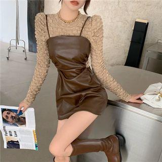 Spaghetti Strap Faux Leather Midi Dress / Long-sleeve Plain Top