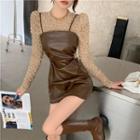 Spaghetti Strap Faux Leather Midi Dress / Long-sleeve Plain Top