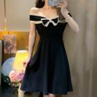 Short-sleeve Off-shoulder Ribbon Knit Mini A-line Dress Black - One Size
