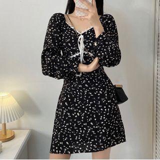 Contrast Trim Bow Accent Floral Dress