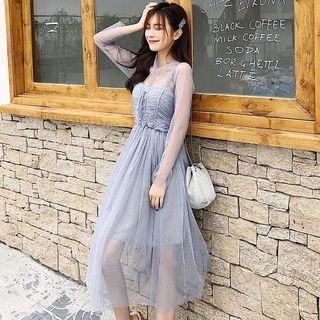 Set: Rhinestone Mesh Dress + Spaghetti-strap Dress