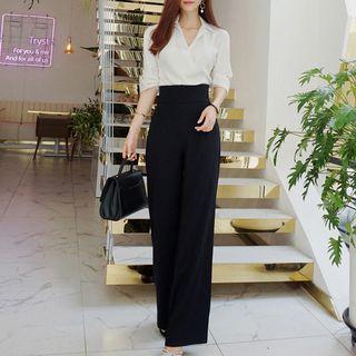 Set: V-neck Blouse + High Waist Wide-leg Pants