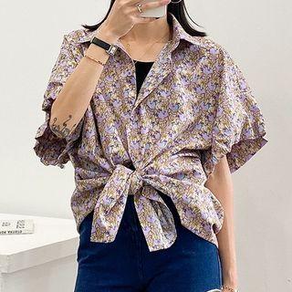 Floral Drawstring Short-sleeve Blouse
