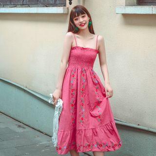 Spaghetti Strap Flower Embroidered Midi A-line Dress / Crochet Knit Vest / Set
