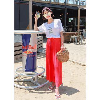 Drawstring-waist Crinkled Wide-leg Pants