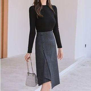 Set: Plain Knit Top + Asymmetric Herringbone Midi Skirt