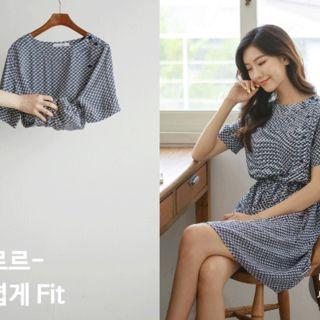 Button-side Drawstring-waist Patterned Dress