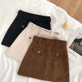 Plain Faux Pocket High-waist Striped A-line Skirt With Belt