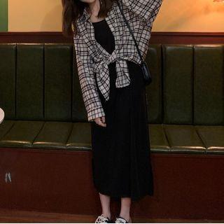 Plaid Shirt / Spaghetti-strap Midi A-line Dress
