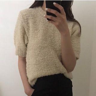 Crew-neck Short-sleeve Knit Top Almond - One Size