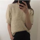 Crew-neck Short-sleeve Knit Top Almond - One Size