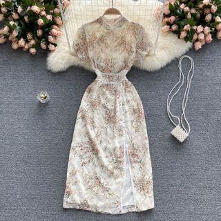 Stand-collar Floral Short-sleeve Qipao