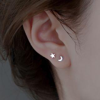 Set: Star + Moon Ear Stud Set - Silver - One Size