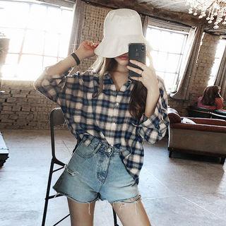 Drop-shoulder Plaid Shirt Blue - One Size