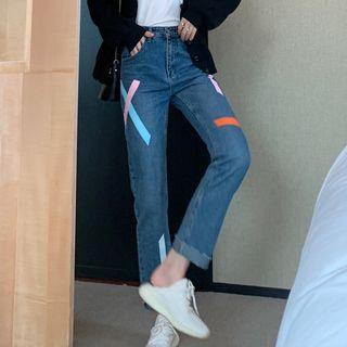 High-waist Color-panel Straight-leg Jeans
