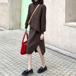 Set: Turtleneck Slit Midi Knit Dress + Vest