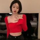 Ribbed Knit Cropped Sweater Red - One Size