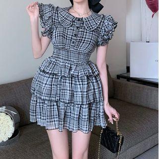 Cap-sleeve Plaid Tiered Midi Dress