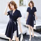 V-neck Striped Panel Short-sleeve A-line Dress