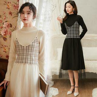Mock-turtleneck Mesh-overlay A-line Knit Dress / Patterned Knit Camisole Top