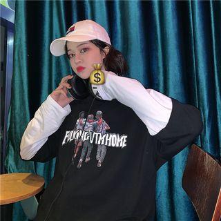Long-sleeve Printed Mock Two-piece T-shirt Black - One Size