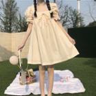 Puff-sleeve Ruffle Trim Mini A-line Dress Beige - One Size