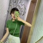 Collared Short-sleeve Knit Top Green - One Size