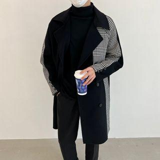 Long Sleeve Plain Panel Houndstooth Woolen Long Blazer