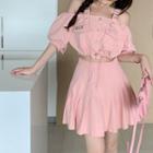 Puff-sleeve Cold Shoulder Buckled Crop Top / Mini A-line Skirt