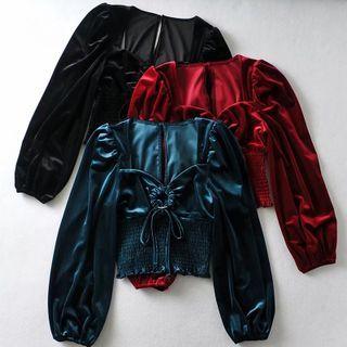 Long-sleeve Velvet Shirred Cropped Blouse