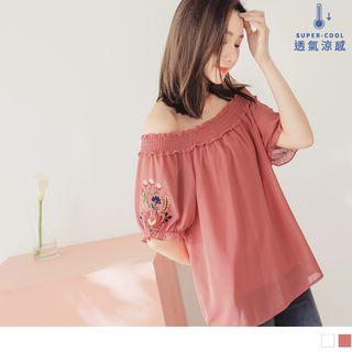 Off-shoulder Flower Embroidered Chiffon Top