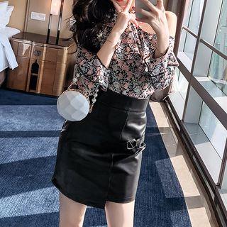 Set: Floral Cut-out Chiffon Blouse + Faux Leather Mini Pencil Skirt