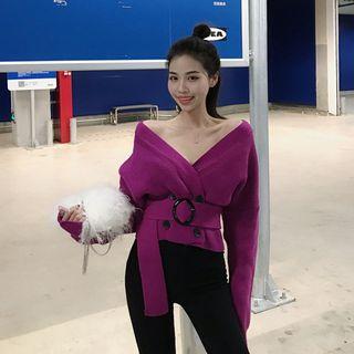 Off-shoulder Long-sleeve Knit Top With Belt