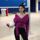 Off-shoulder Long-sleeve Knit Top With Belt