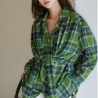 Color-block Plaid Long-sleeve Shirt Green - One Size