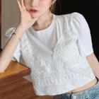 Short-sleeve Mock Two-piece Lace Panel T-shirt