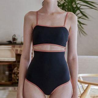 Spaghetti-strap Cut-out Contrast Trim Swimsuit