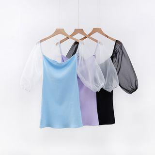 Off-shoulder Organza Ribbed Sheath Dress