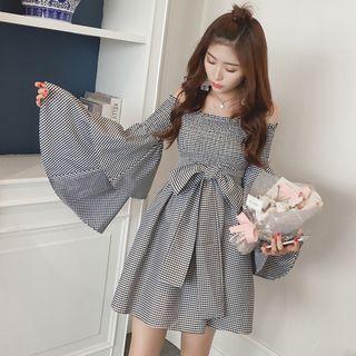 Off Shoulder Long Sleeve Plaid Dress