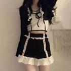 Cropped Camisole Top / Cardigan / Lace Panel Shorts / Set