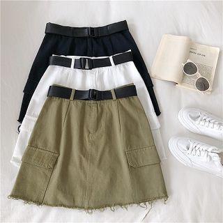 Frayed Hem A-line Mini Denim Cargo Skirt