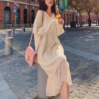 Ruffle Hem V-neck Midi Sweater Dress