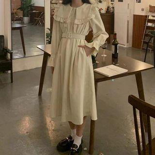 Puff-sleeve Ruffled Midi A-line Dress Almond - One Size
