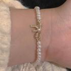 Bow Alloy Faux Pearl Bracelet Gold & White - One Size